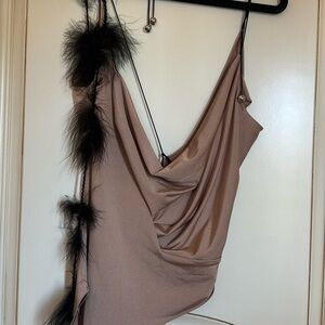 Elegant Tan Draped Dress with Black Feather Trim